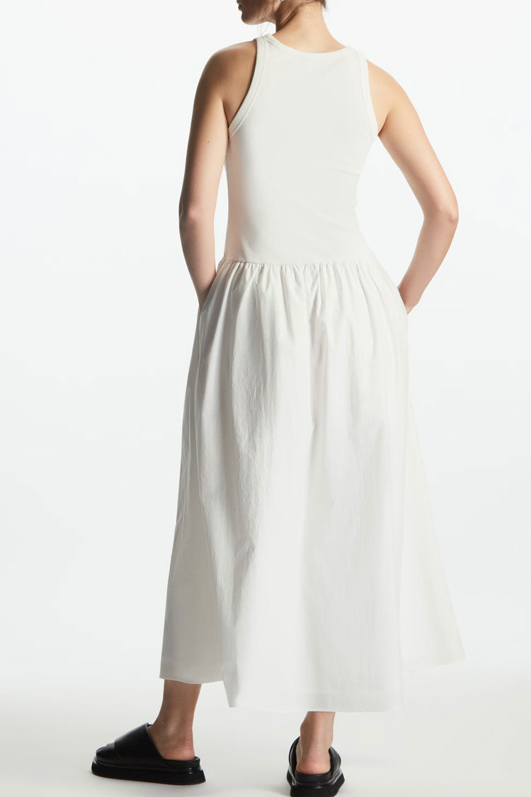 Ribbed Tank Bodice Gathered Woven Pocket Maxi Dress