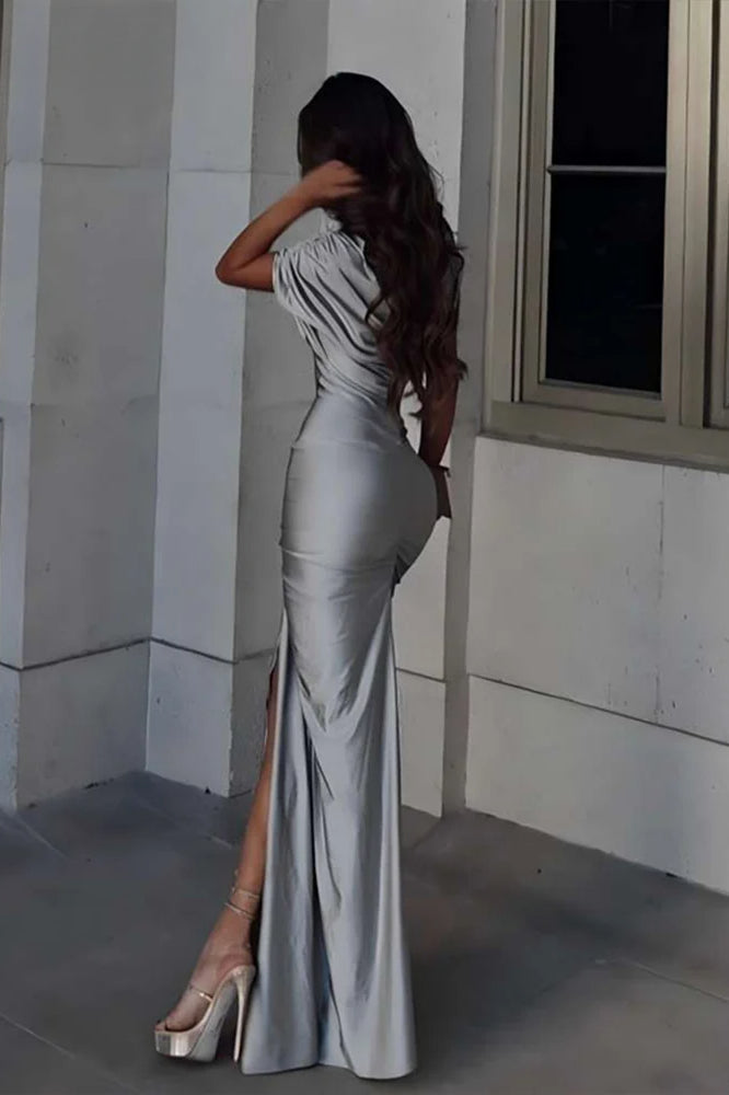 One Shoulder Ruched Cap Sleeve Asymmetric Waist Cut Out Drape Panel Satin Maxi Gown