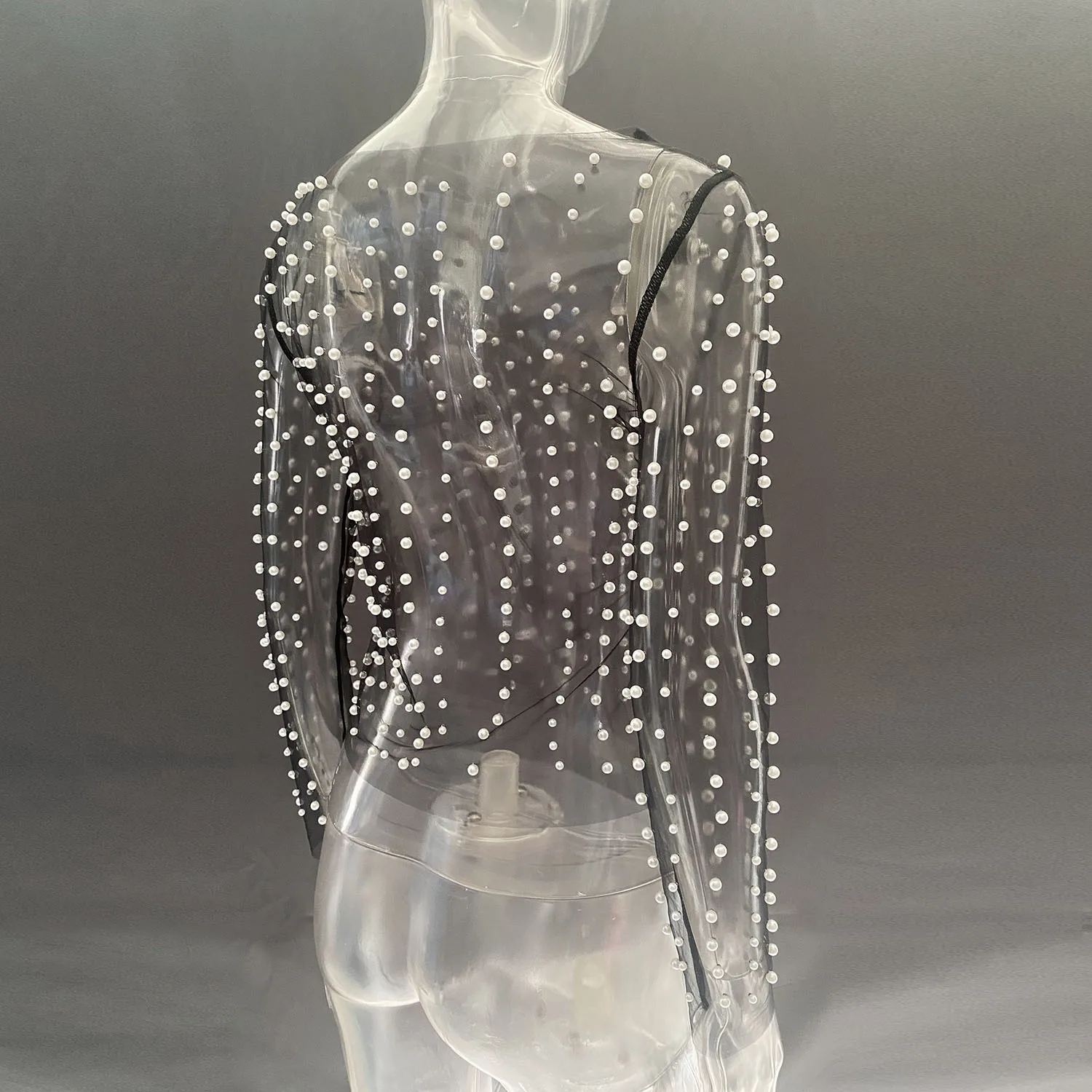 Ootddress Summer Long Sleeve Beach Top Mesh For Women Sheer Lace See-Through Crop top Pearls Cover up Slim Nude sexy Party Outfits