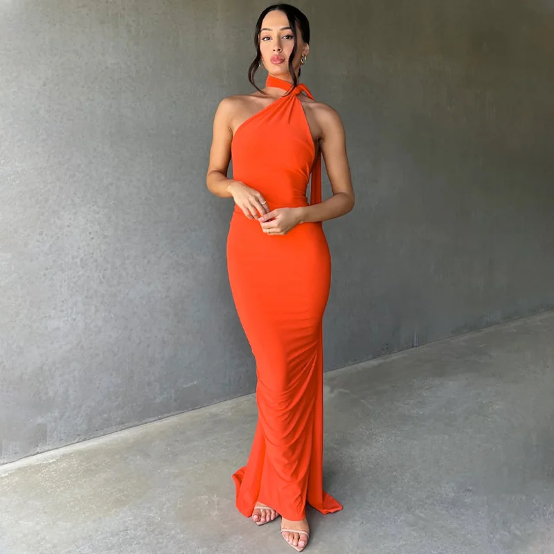 Ootddress Oblique Shoulder Backless Maxi Dress For Women Gown Summer Back Strap Sleeveless Ruched Party Sexy Long Dress Vestidos
