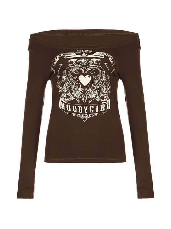 Vintage Heart Print Off Shoulder Long Sleeve Tee
