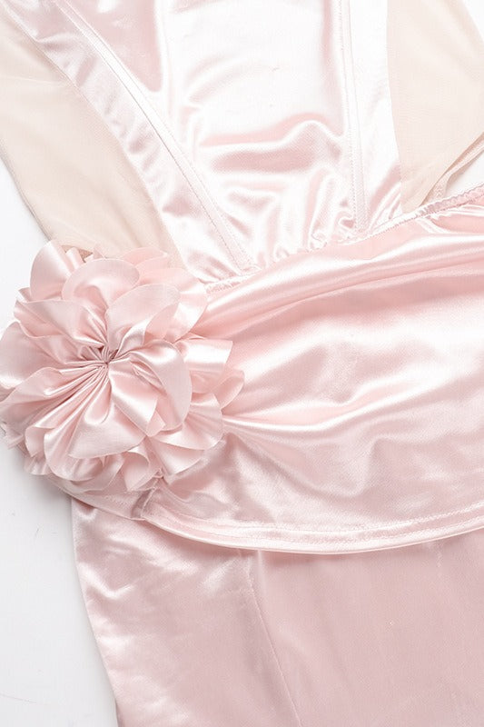 Satin One Shoulder Corset Rosette Side Cut Out Draped High Split Gown