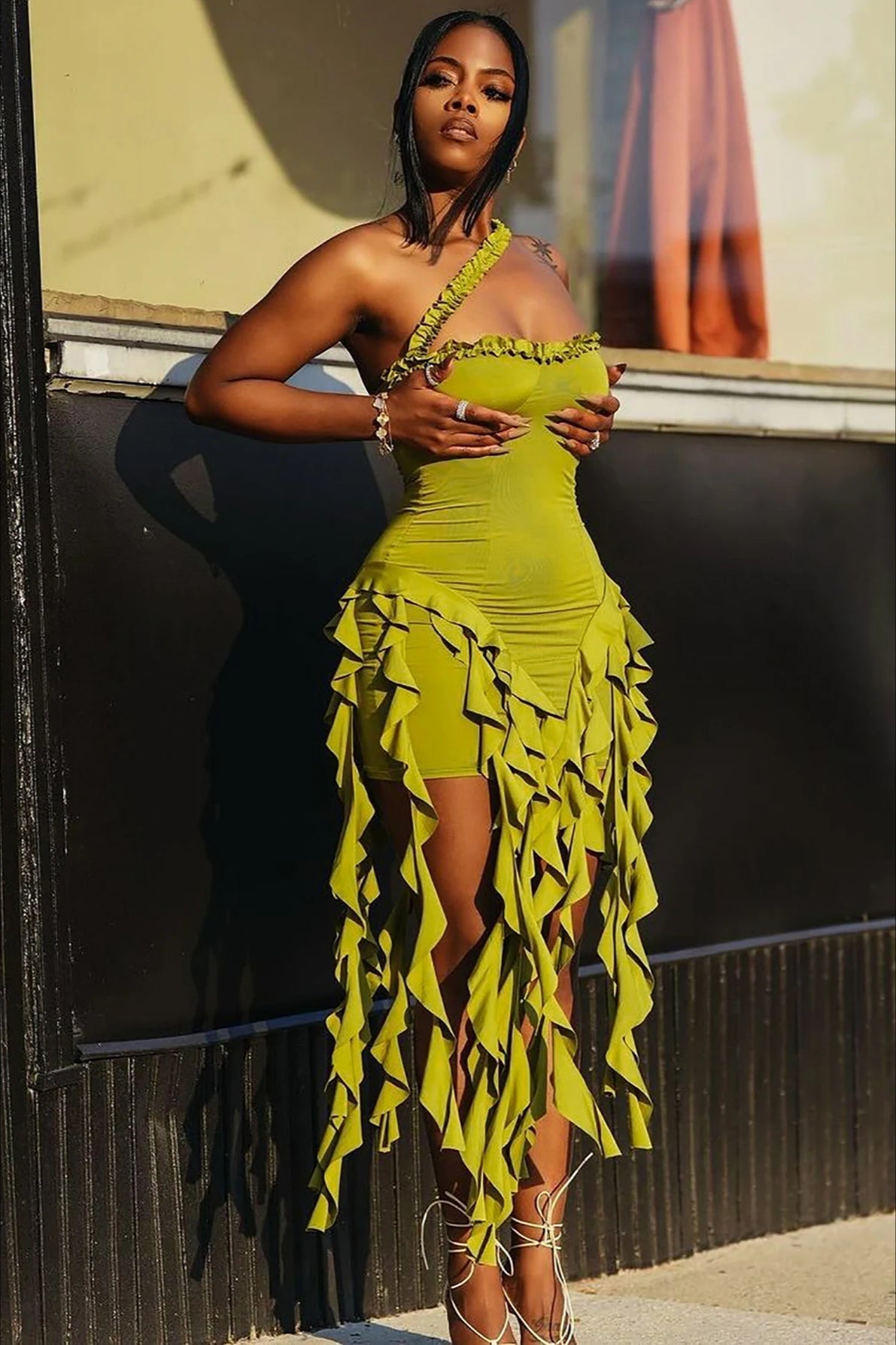 One Shoulder Cascading Ruffle Panel Bodycon Mini Dress