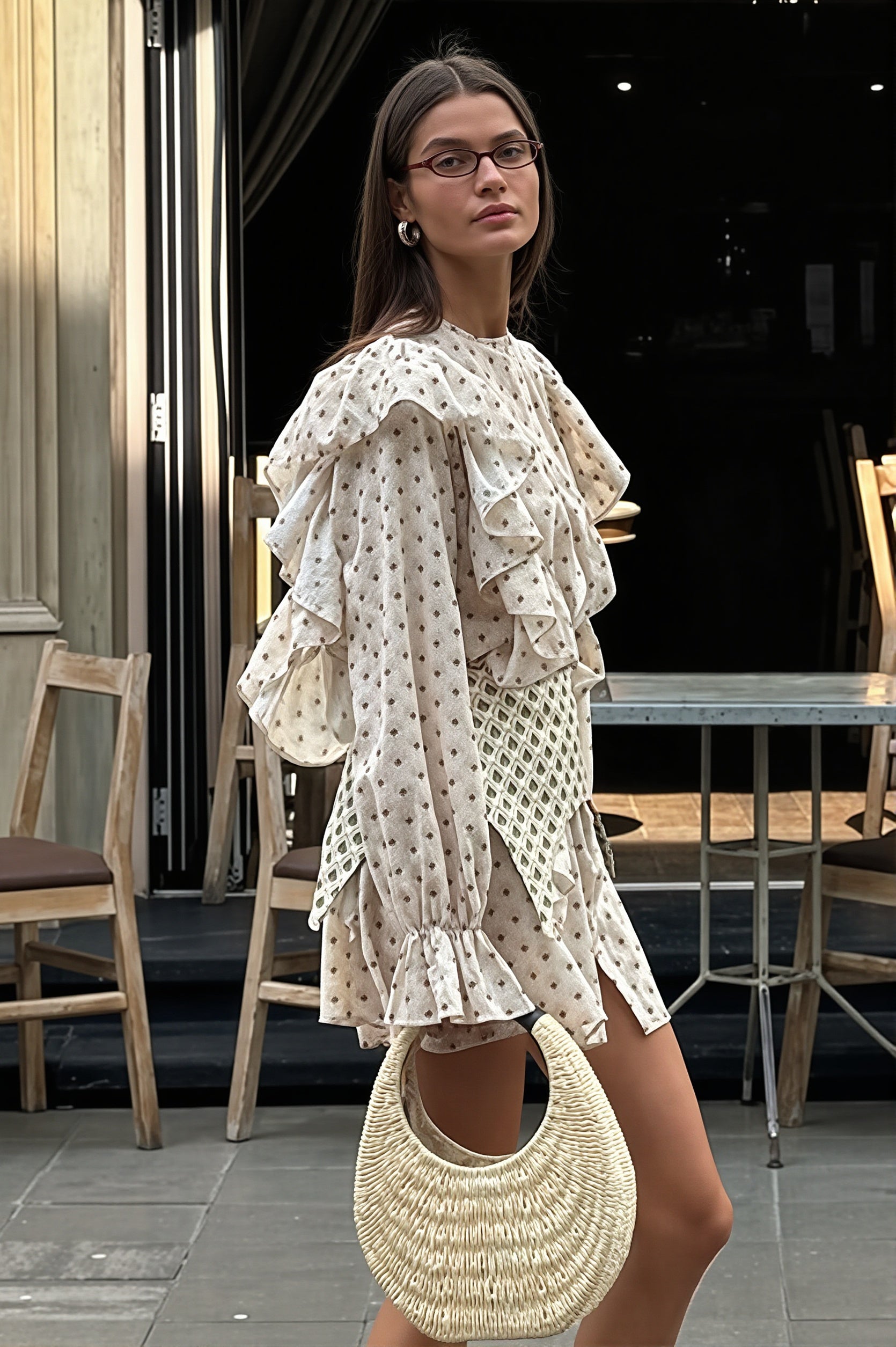 Diamond Print Ruffle Flare Sleeve Button Front Tiered Mini Dress
