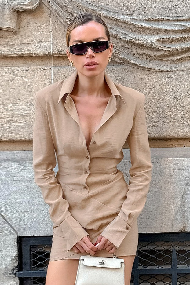 Puff Cuff Button Down Wrap Front Asymmetrical Pleated Shirt Mini Dress