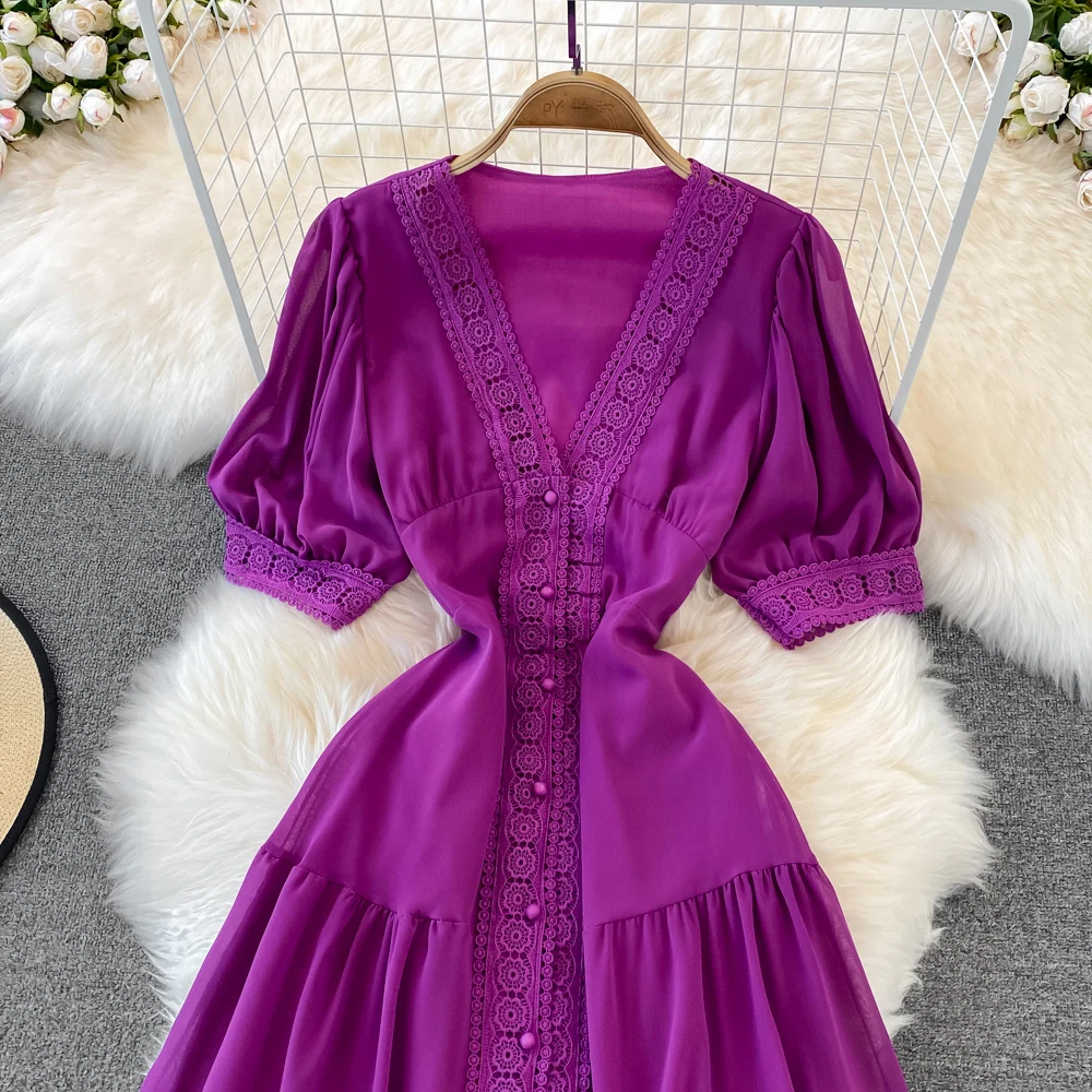 New Women Vintage Party Dress Summer Puff Sleeve Sexy V Neck Lace Single-breasted Long Dresses Ladies A Line Elegant Long Robe 27 New Women Vintage Party Dress Summer Puff Sleeve Sexy V Neck Lace Single-breasted Long Dresses Ladies A Line Elegant Long Robe