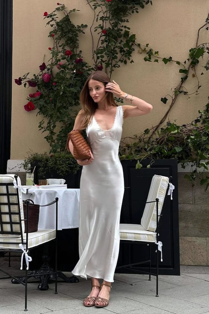 Satin Lace Trim Deep V-Neck Empire Waist Slip Midi Dress