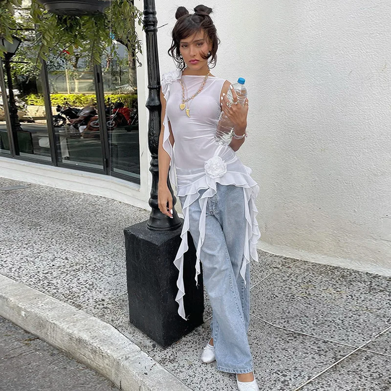Ootddress See Through Mesh Sexy Backless Crop Top T Shirt For Women Ribbons Lace Up Splice Fungus Solid Hot Girl Club Summer New