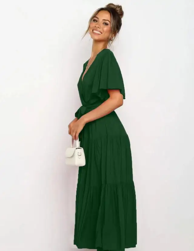 Trendy Solid Color Ruffles Long Dresses Women Sexy V-neck Ruffle Sleeves Leace-up Temperament Elegant Lady Dress 2025 Summer New 53 undefined