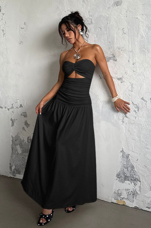 Strapless Sweetheart Neck Twist Cutout Ruched Drop Waist Maxi Dress