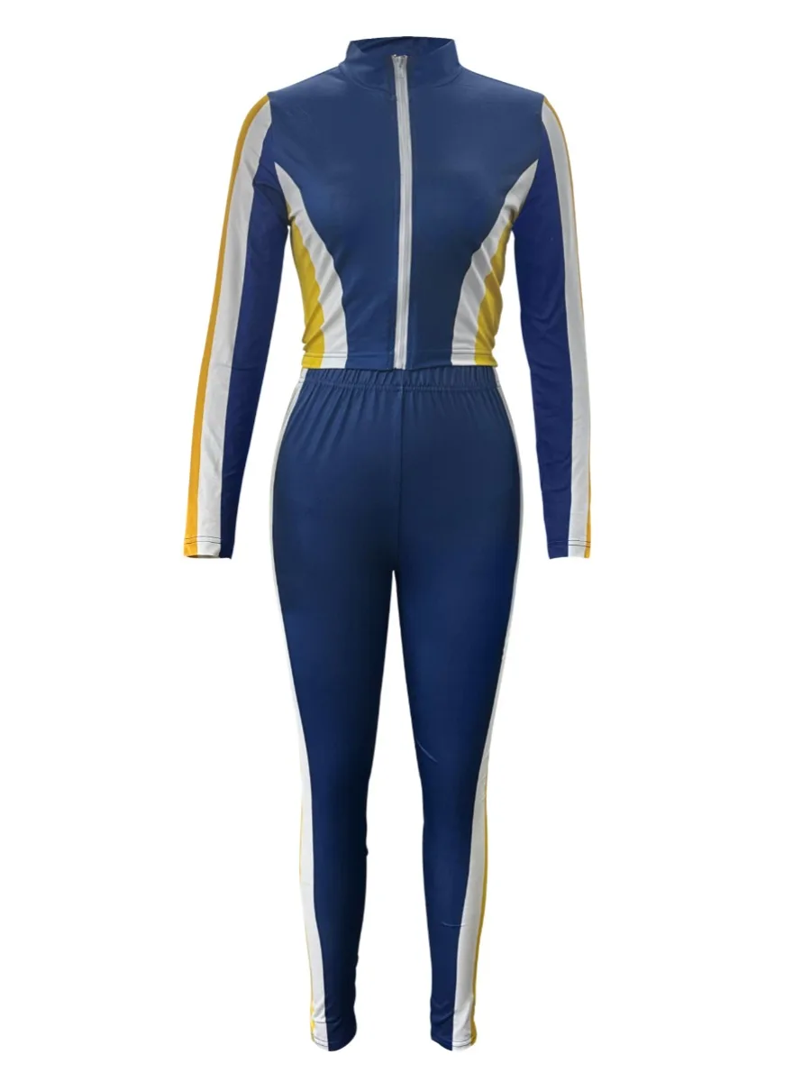 Plus Size Zipper Design Patchwork Pants Set Women Color Block Mandarin Collar Tracksuits Long Sleeve Two Pieces Outfits