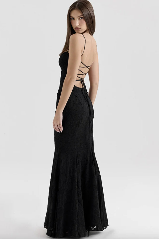 Jacquard Floral Square Neck Spaghetti Strap Mermaid Maxi Gown