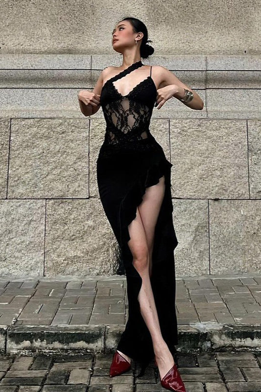 Asymmetric Lace Panel Deep V-Neck Cut Out High Split Ruffle Trim Mini Dress