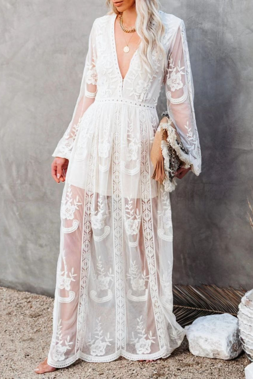Deep V Neck Long Sleeve Floral Embroidered Mesh High Slit Maxi Dress