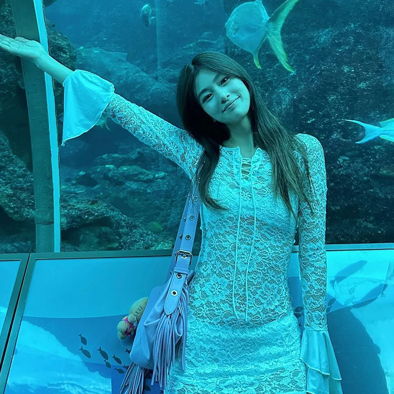 Fantoye Sexy See Through Lace Women Dress White Off Shoulder Flare Sleeve Dress Female Spring Slim Elegant Party Streetwear 2025