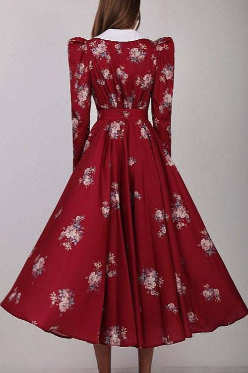 Contrast Collar Puff Sleeve Belted Ditsy Floral Print Midi Dress