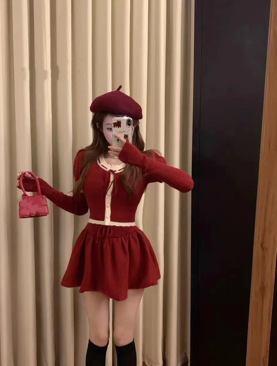 Y2K Two-Piece Knitwear Suit Women Single Breasted Long Sleeve Cropped Top High Waist Mini Skirt Korean Fashion Knitted Outfits