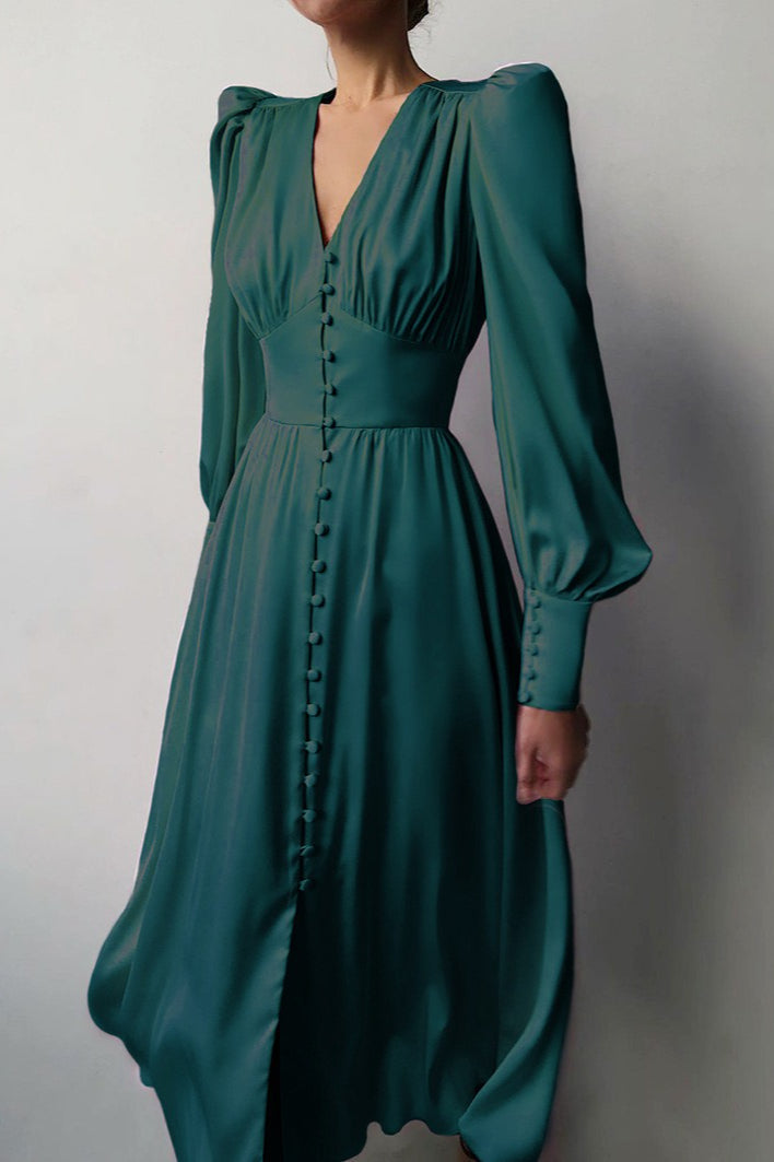 Deep V-Neck Lantern Sleeve Button Front Cinched Waist Satin Midi Dress