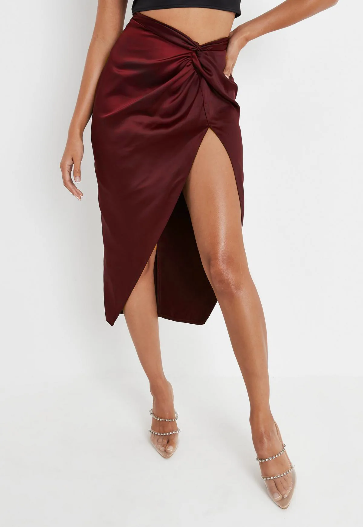 Ootddress Women Solid Satin High Splite Out Sexy Skirts Folds Irregular High Waist Bodycon Long Skirts Female French Style Outwears