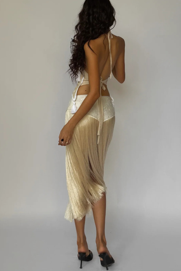 Fashionable Lace Appliqué Tassel Hem Vacation Maxi Skirt