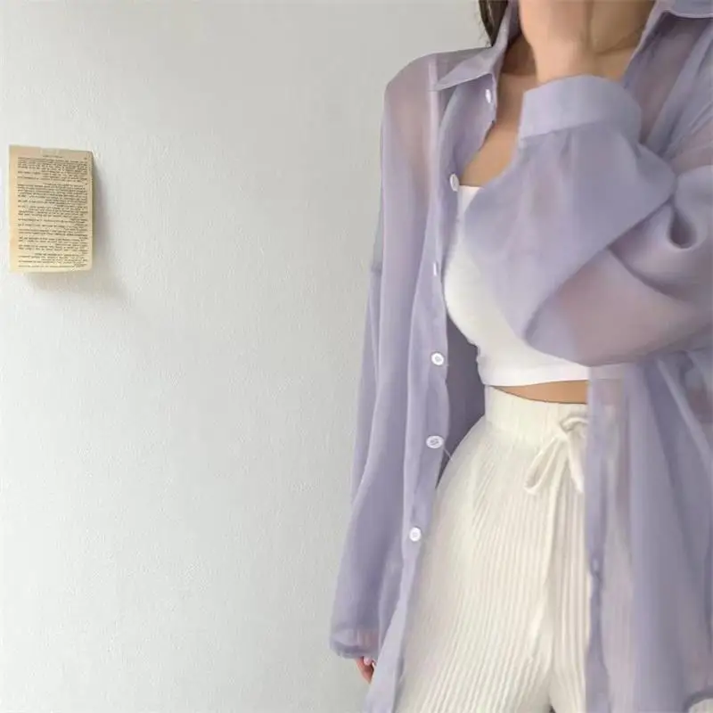 Perspective Shirts Women Sheer Thin Chic Summer Simple Solid Sun-proof Top Fashion Blouse Baggy All-match Basic Korean Clothing