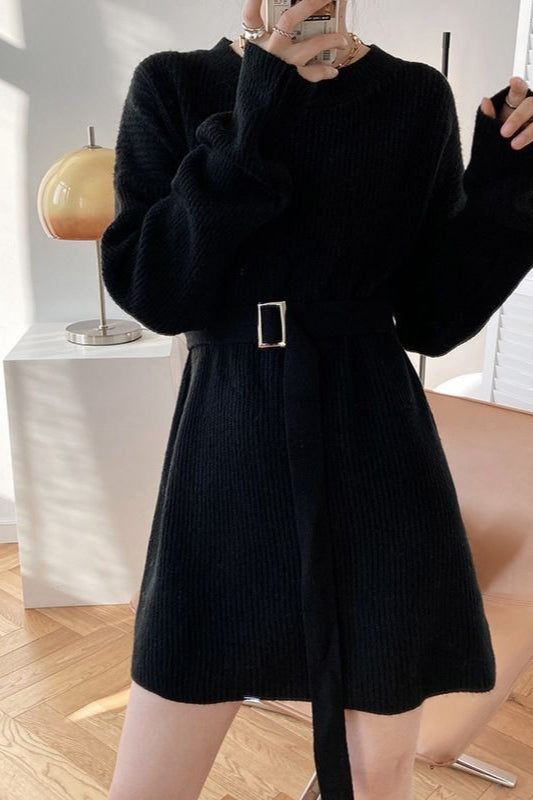 Rib Knit Belted Square Buckle Balloon Sleeve Sweater Mini Dress