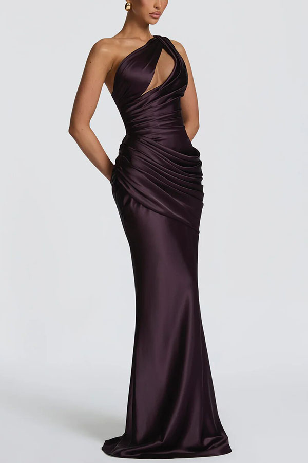 Emina Satin One Shoulder Asymmetrical Neck Cutout Back Lace-up Drape Maxi Dress