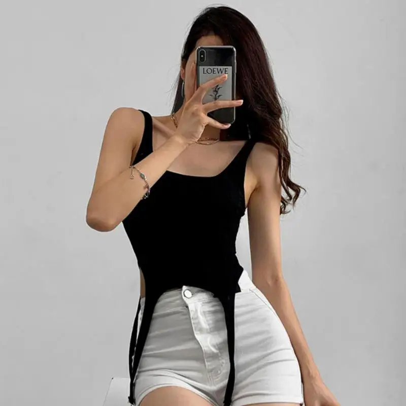 Ootddress Y2k Croset Top Women Summer Fashion Vintage Irregular Rib Knitted Sleeveless Slim Cropped Tops Feminino Sexy Tank Top