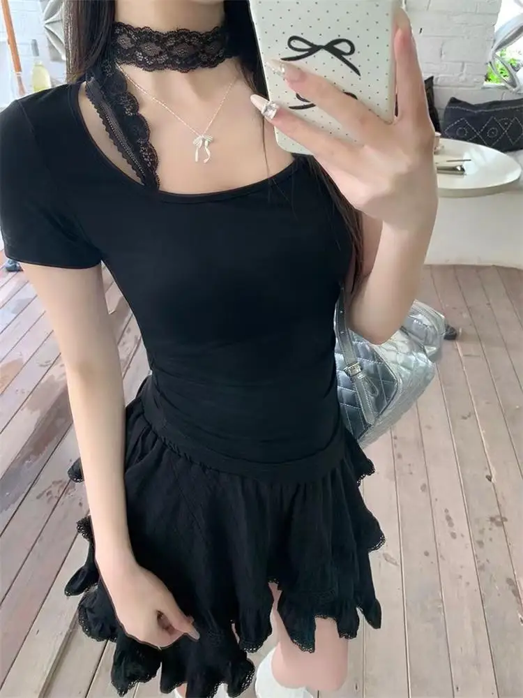 Fake Two Pieces Lace Neck Hanging Short Sleeved T-shirts for Women Summer Tops Sexy Desire Design Versatile Irregular U-neck Top