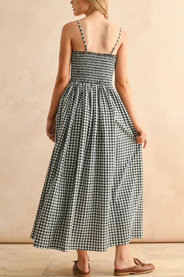Stylish Plaid Print Spaghetti Strap Ruched Casual Pocket Maxi Dress