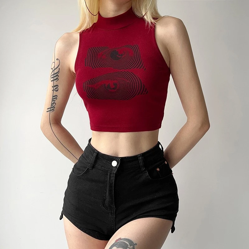 Summer Tank Top Women Y2k Clothing Fashion Crop Top High Neck Red Printing Sleeveless Sexy Streetwear Girls' Short Tops