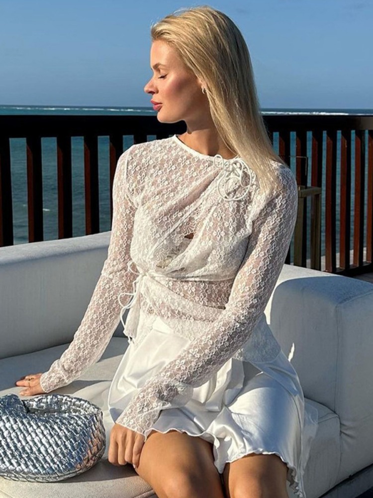 Ootddress Lace Hollow Out Printed T-shirt Cardigan For Women See-Through Sexy Inner Crop top Patchwork Lace-Up Elegant Y2k Top 2025