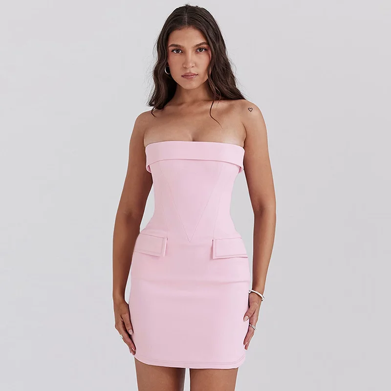 Fantoye Sexy Strapless Pocket Women Dress Pink Backless High Waist Mini Dress Female Summer Skinny Elegant Party Clubwear 2025