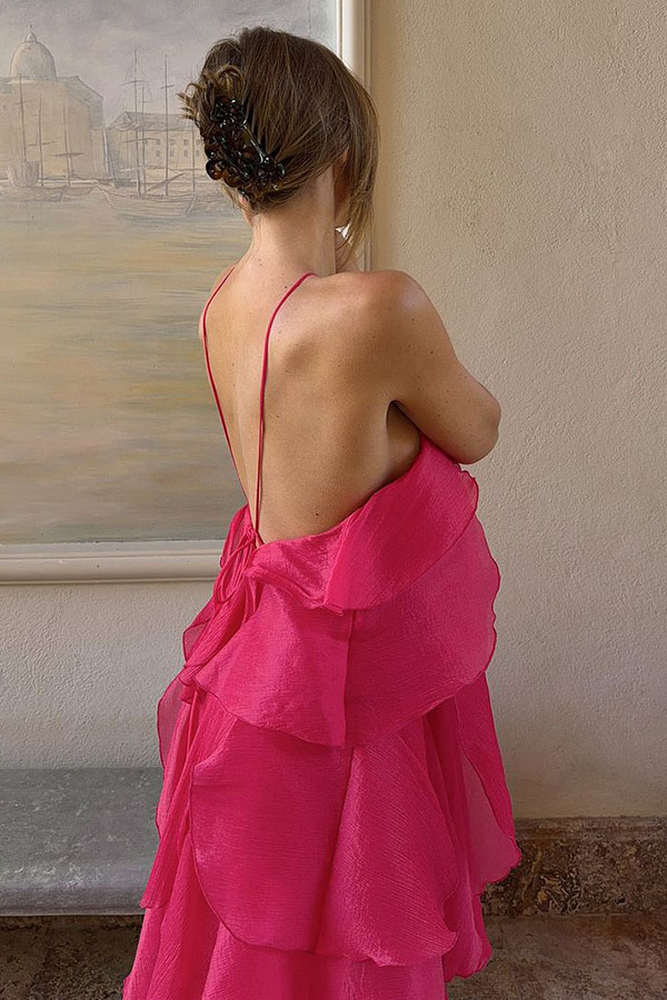Romantic Summer Chiffon Tiered Ruffle Deep V-Back Halter A-line Maxi Design