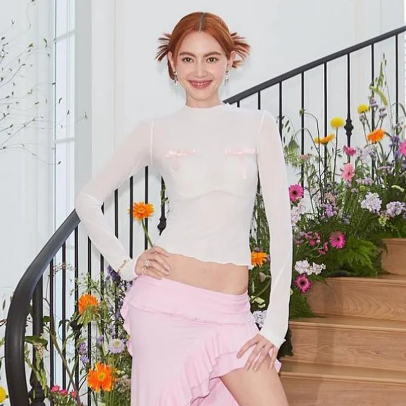 Ootddress Splice Bow Shirts For Women Slim O Neck Long Sleeve Crop Tops Female 2025 Autumn Fashion Bodycon White Tshirts Ladies New