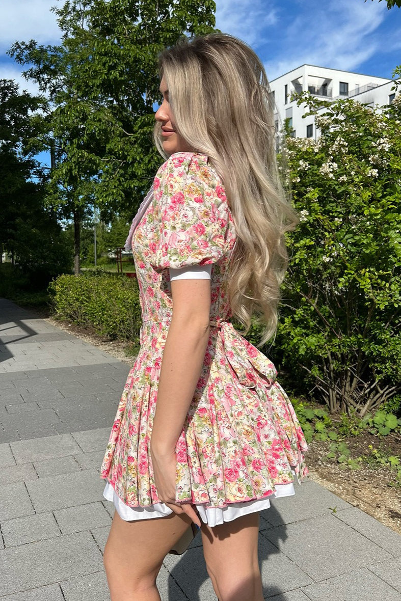 Floral Peter Pan Collar Puff Sleeve Button Front Layered Hem Fit and Flare Mini Dress