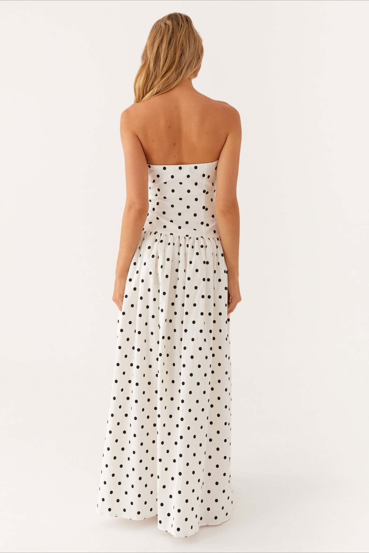 Strapless Polka Dot Dropped Waist Flowy Maxi Dress