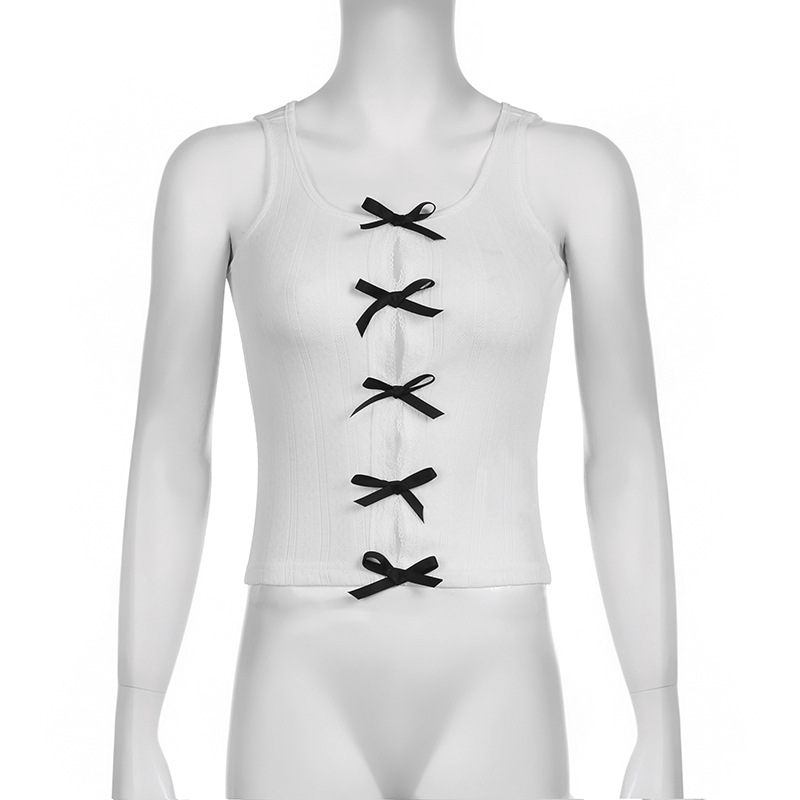 Ootddress Lace Bow Splice Tank Top Women Sexy Hollow Out Slim Sleeveless Shirts Hot Girls Bodycon Fashion Crop Tops Woman Clothing