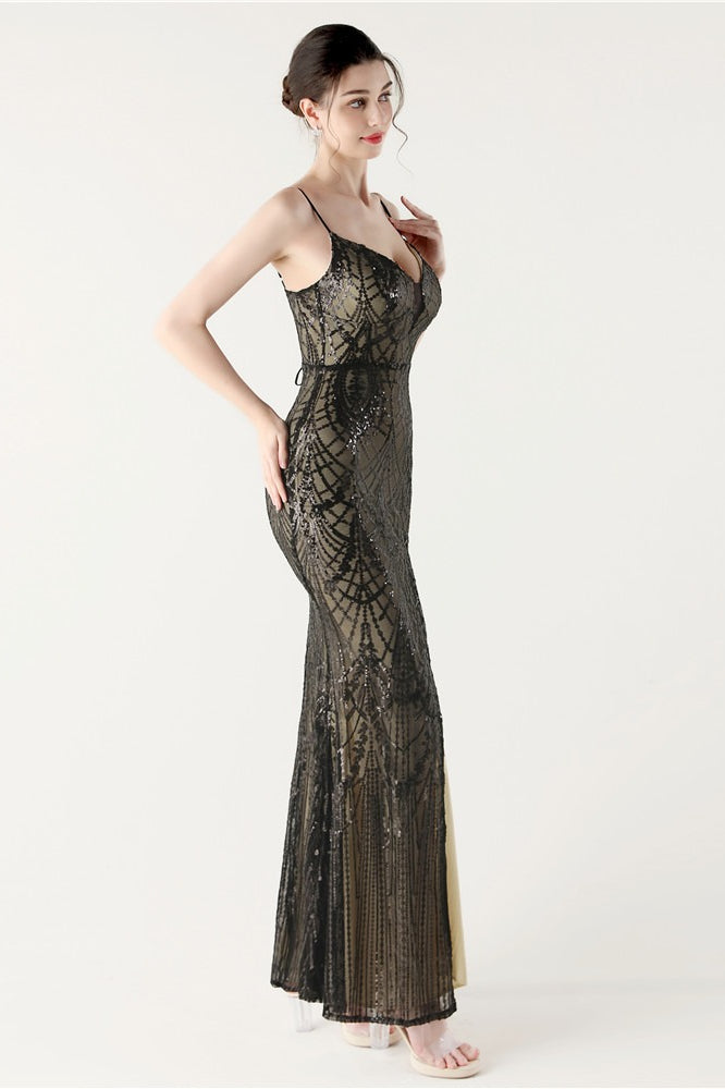 Sequin V-Neck Cross Strap Mermaid Maxi Dress