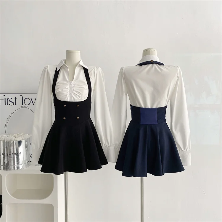 Y2K 3 Piece Set Women Cropped Coat + Long Sleeve Shirt + High Waist Halter Ruffles Mini Dress Korean Chic Fashion Sexy Outfits