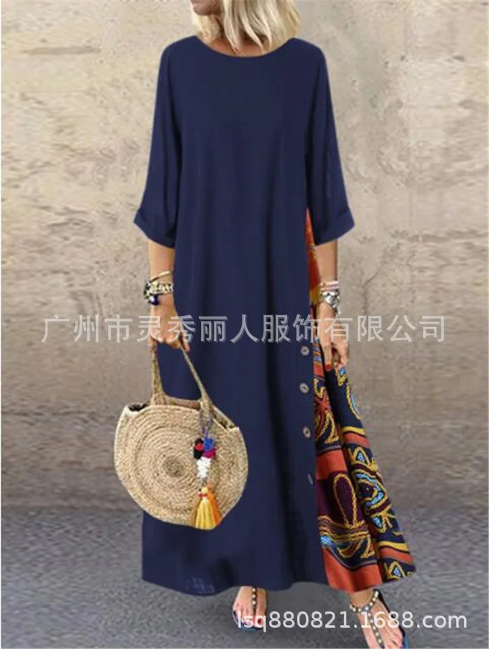 Cotton Linen Vintage Long Dresses Women Three Quarter Sleeves Splicing Print Loose A-line Dress Fashion Casual Lady Maxi Vestido 16 undefined