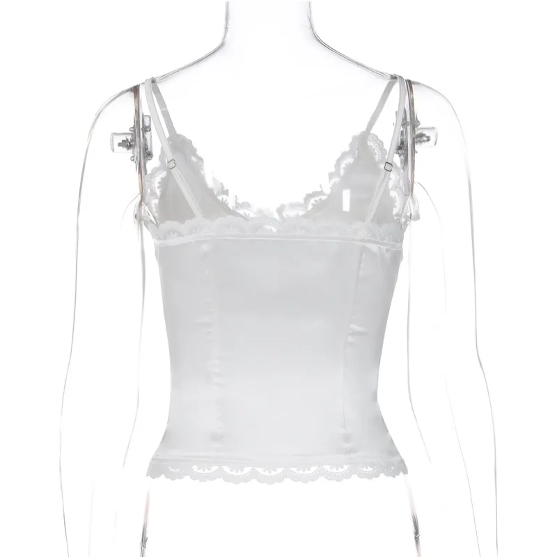 Ootddress Lace Casual Female Camisole Y2k Top V-Neck High Waist Streetwear White Backless Patchwork See-Through Women Tank Top Vest