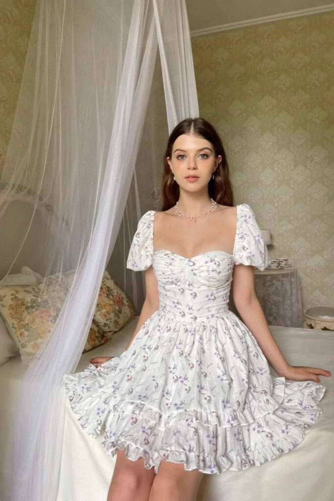 Ditsy Floral Print Sweetheart Puff Sleeve Ruched Tiered Ruffle Mini Dress