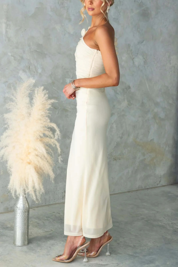 Fashionable Mesh Sleeveless One-shoulder Waist-revealing Maxi Dress