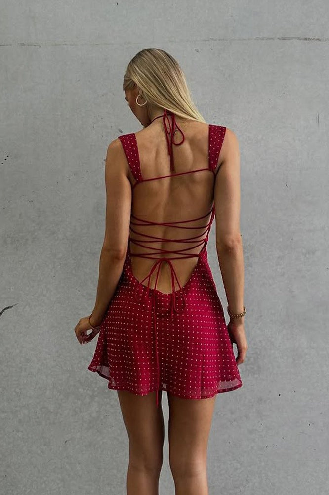 Polka Dot Sweetheart Lace Trim Halter Tie Fit and Flare Mini Dress