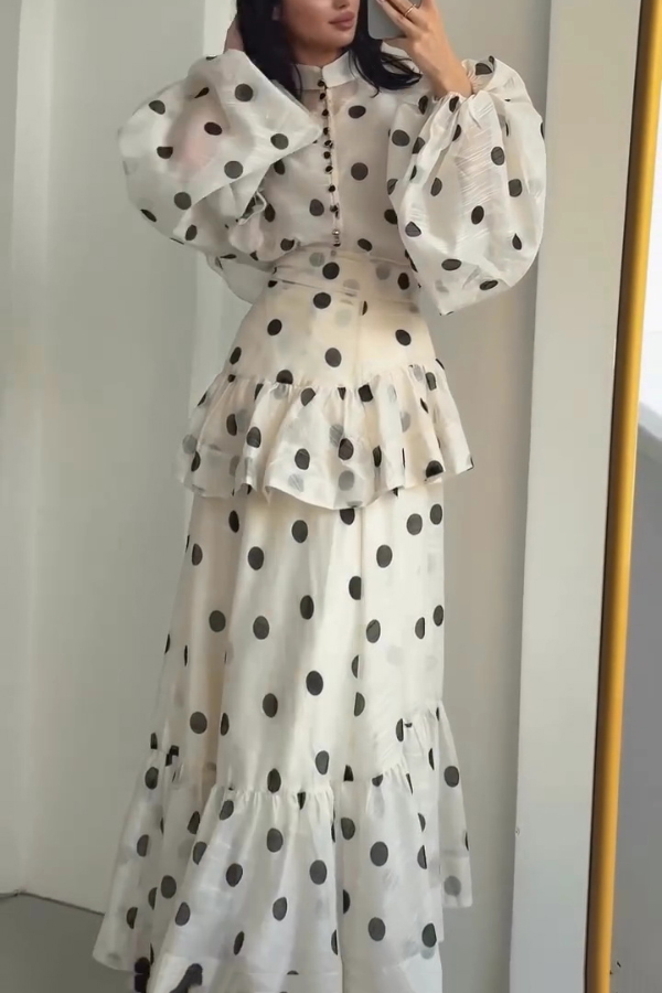 Stylish Polka Dot Print Stand Collar Long Sleeve Elegant Ruffle Maxi Dress