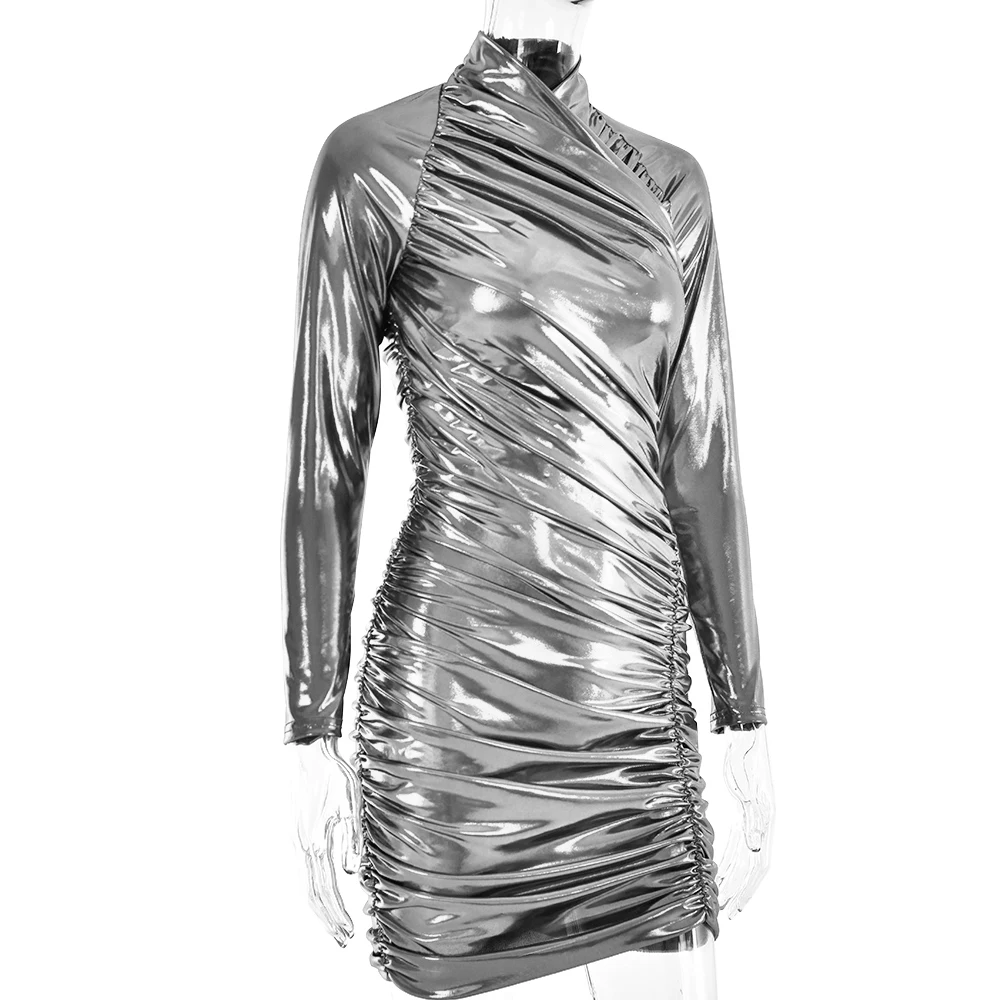 Ootddress Autumn Leather Long Sleeve Pleated Dress For Women Zipper Tight Irregular Female Dress Party Club Sheath Vestidos