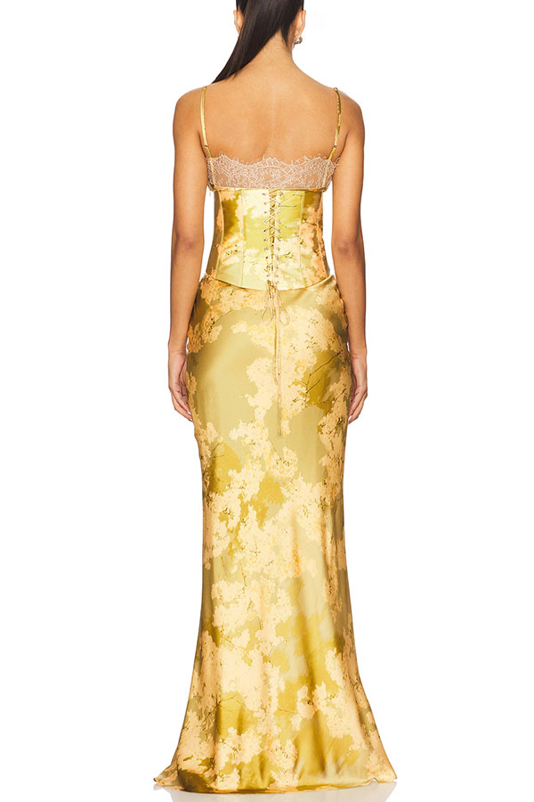Cleodora Satin Floral Lace Cowl Neck Detachable Corset Slip Drape Maxi Dress