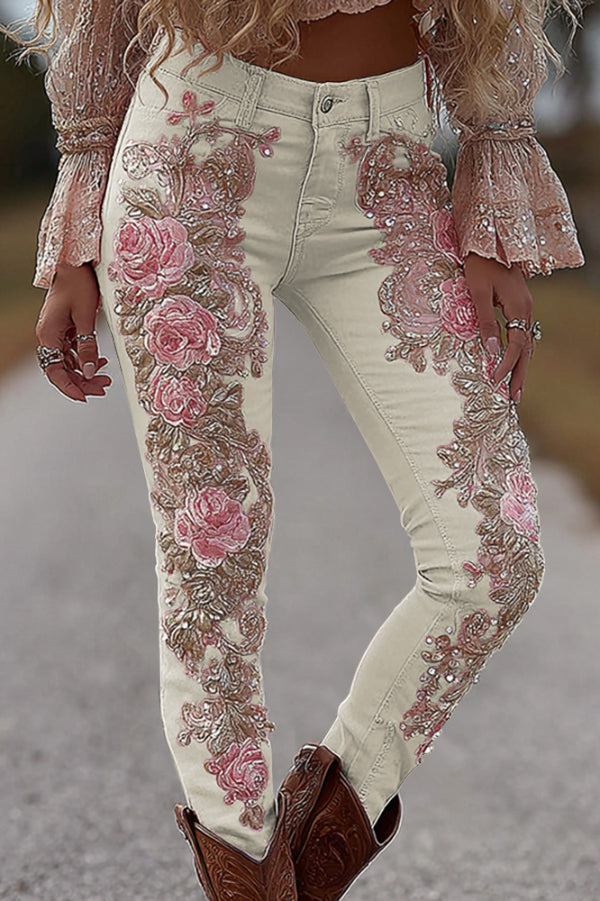 3D Floral Print Pocket Casual Jeans