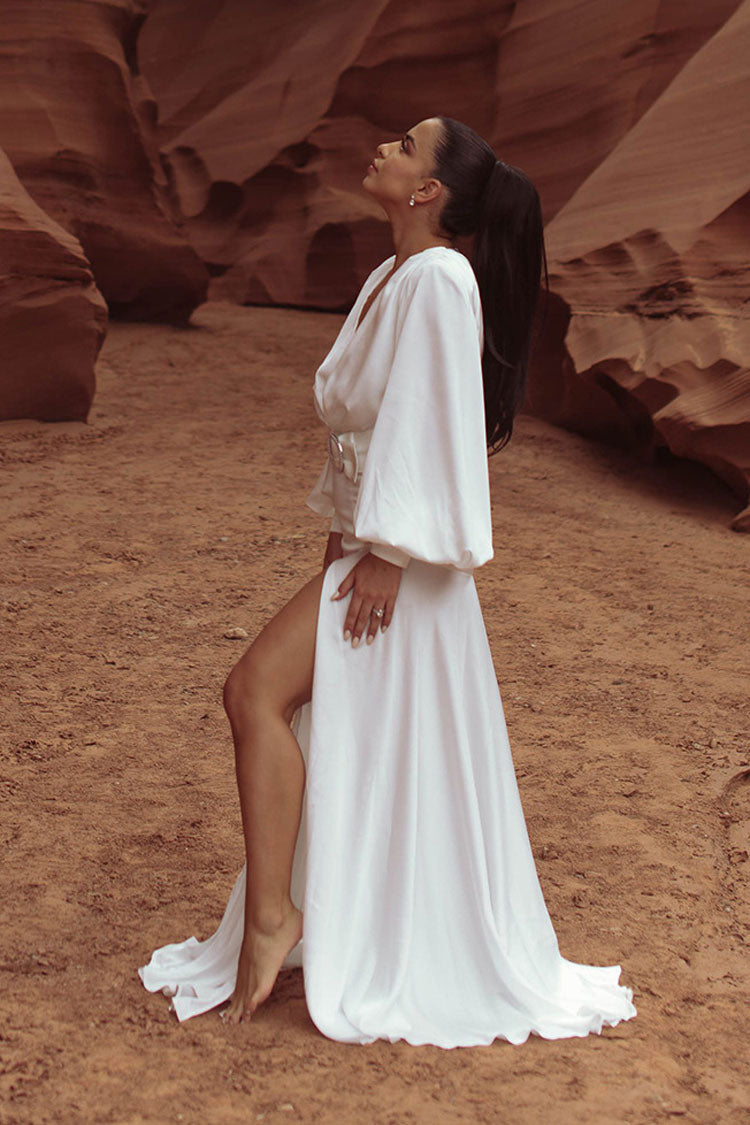 Satin Deep V Bishop Sleeve Waistband Draped High Split Maxi Gown